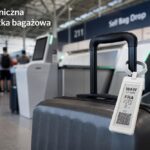 Elektroniczna zawieszka bagażowa na walizce przy stanowisku odprawy – grafika AI