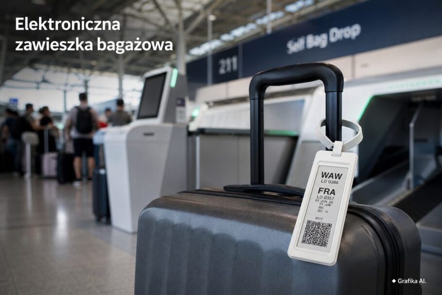Elektroniczna zawieszka bagażowa na walizce przy stanowisku odprawy – grafika AI