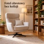 Fotel na obrotowej podstawie ustawiony obok regału z książkami – ilustracja AI