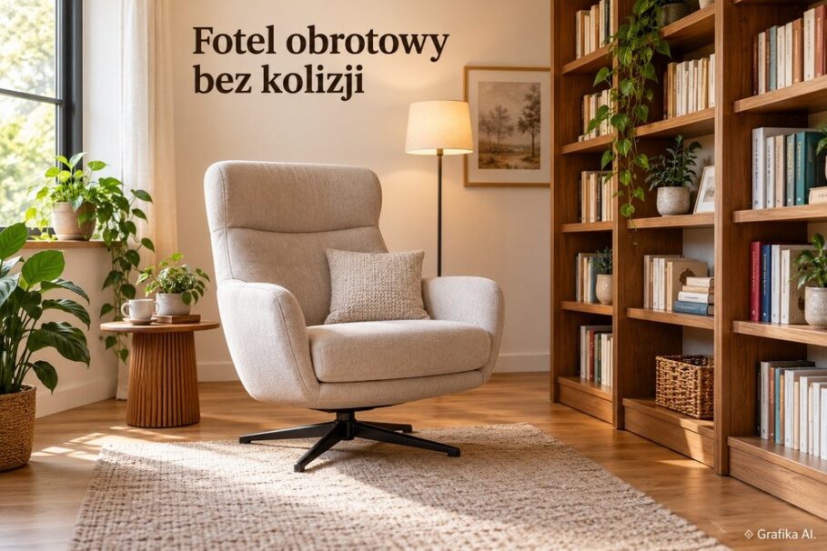 Fotel na obrotowej podstawie ustawiony obok regału z książkami – ilustracja AI