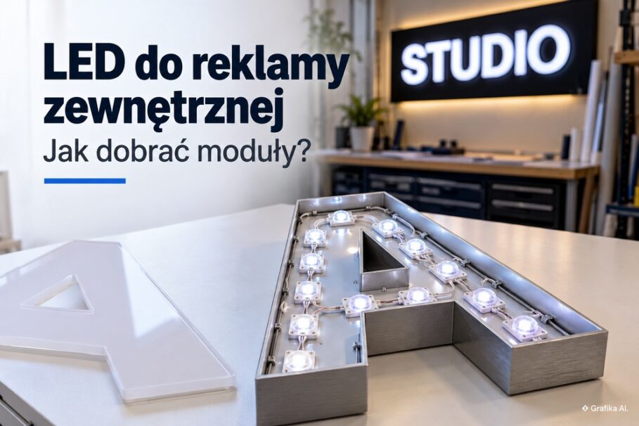 Moduły LED wewnątrz otwartej litery przestrzennej A – grafika AI